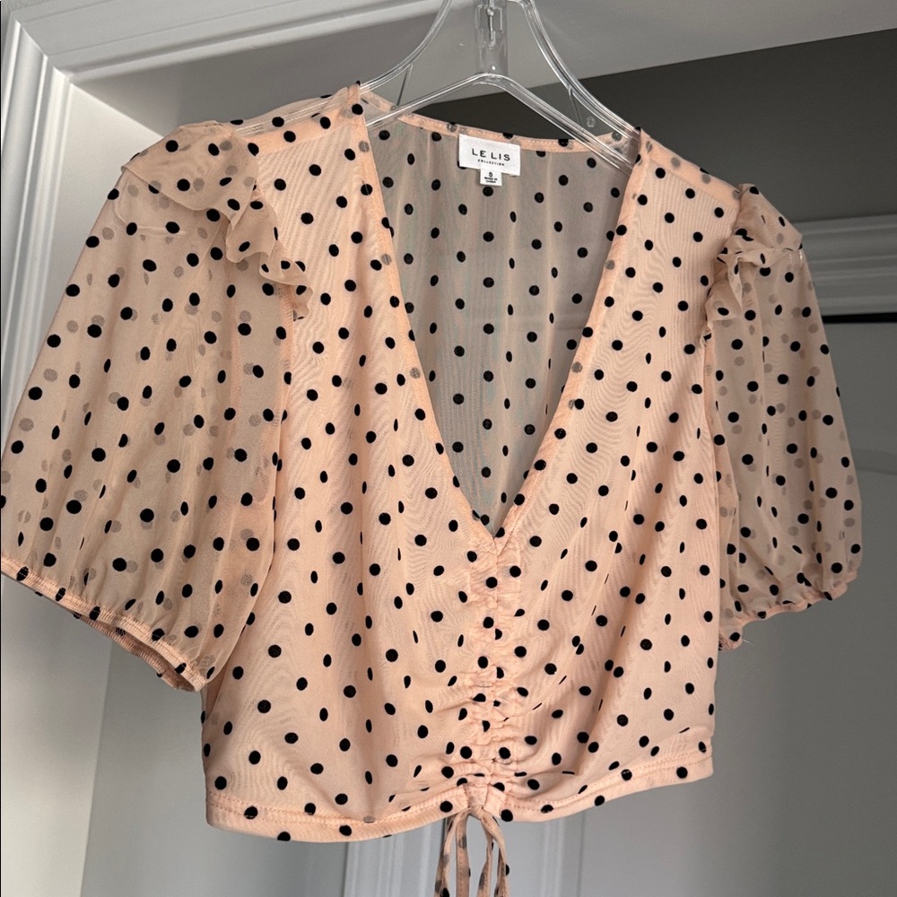 LE LIS Polka Dot Sheer Puff Sleeve Top - Peachy Tone Cream and Black - Picture 6 of 6